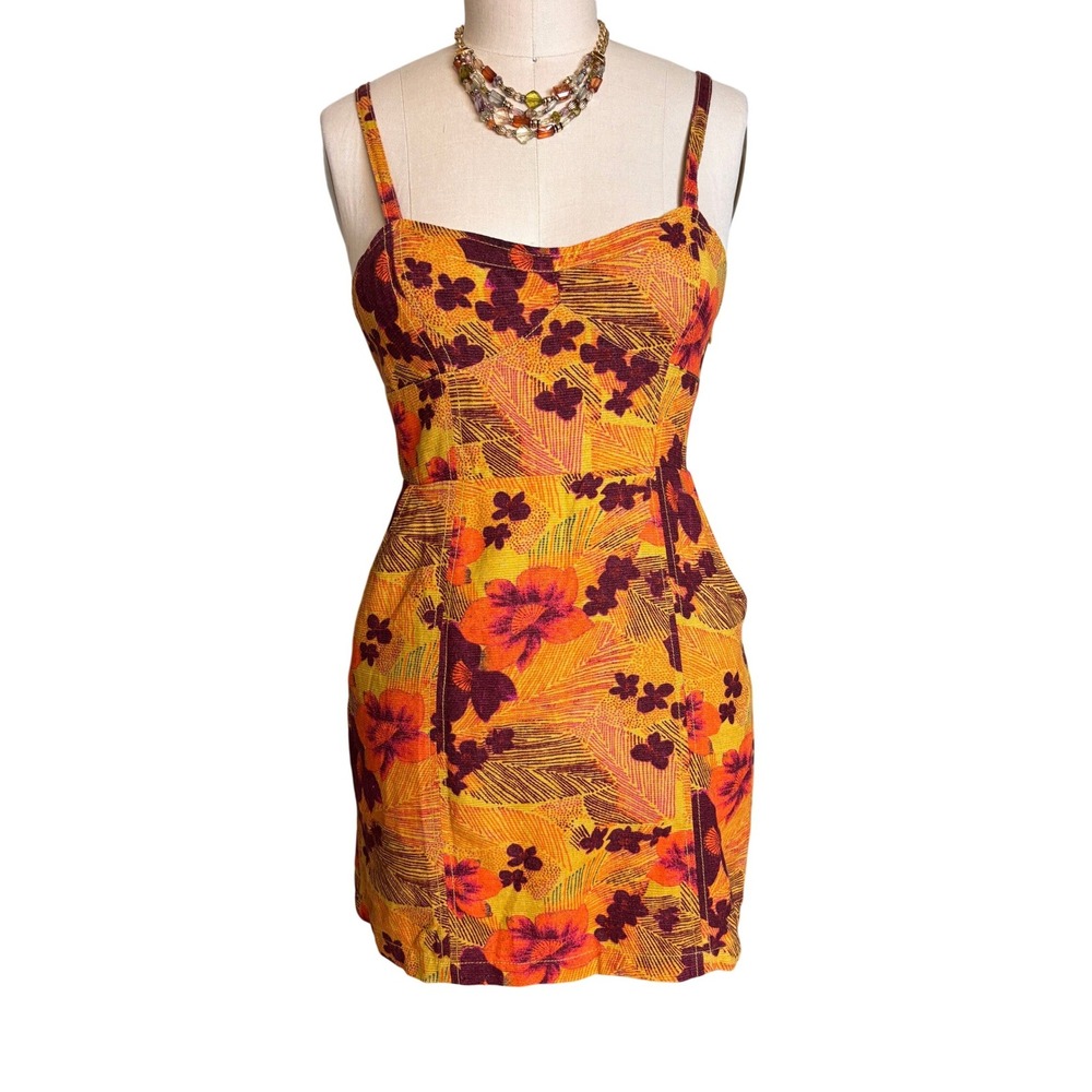 Free People Mini Dress Womens 4 Orange Floral Excellent Tropical Cutout Pocket